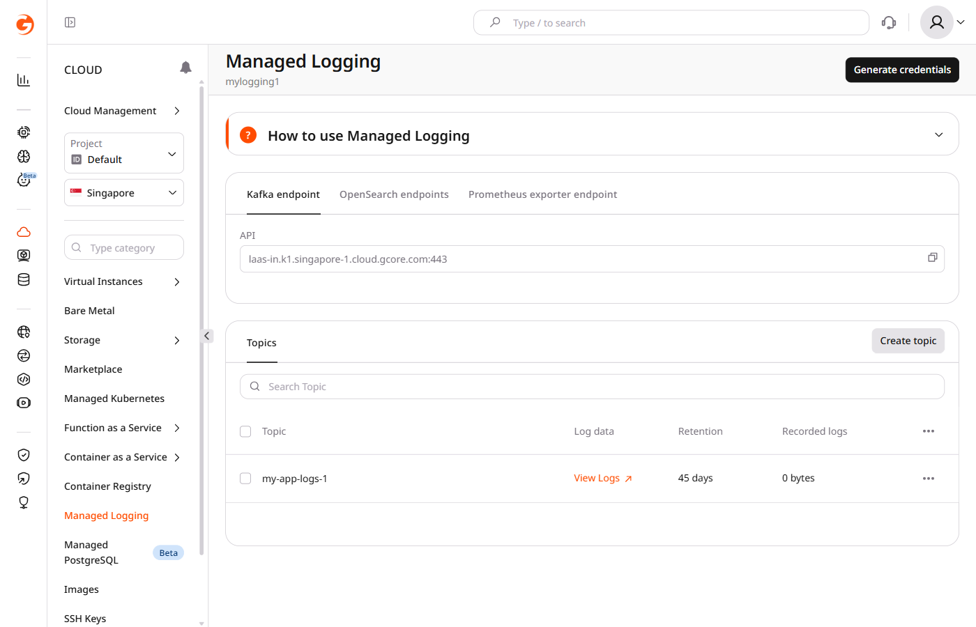 Logging page showing the Topics section with a created topic