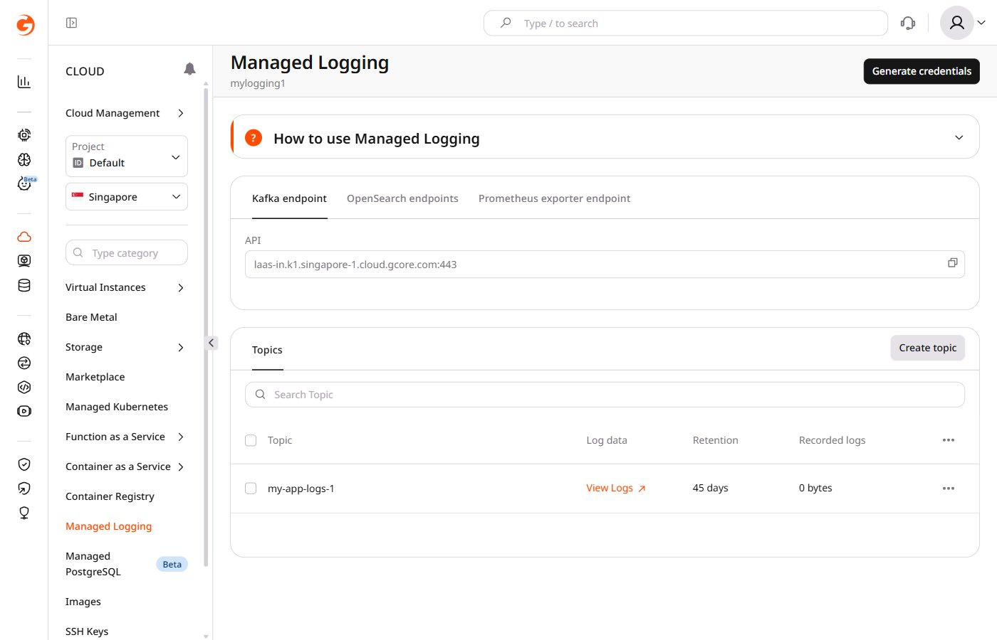 Logging page showing the Topics section with a created topic