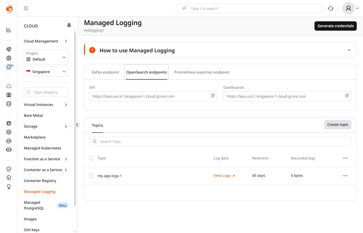 Logging page showing OpenSearch endpoints tab with the Dashboards URL