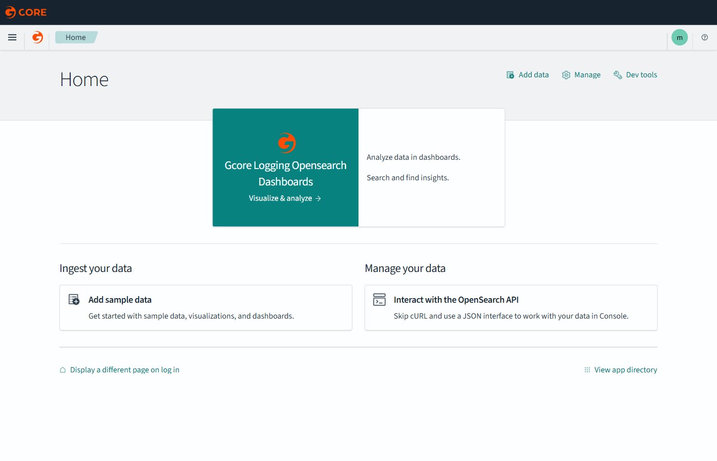 OpenSearch Dashboards home page with Manage link in the upper-right corner