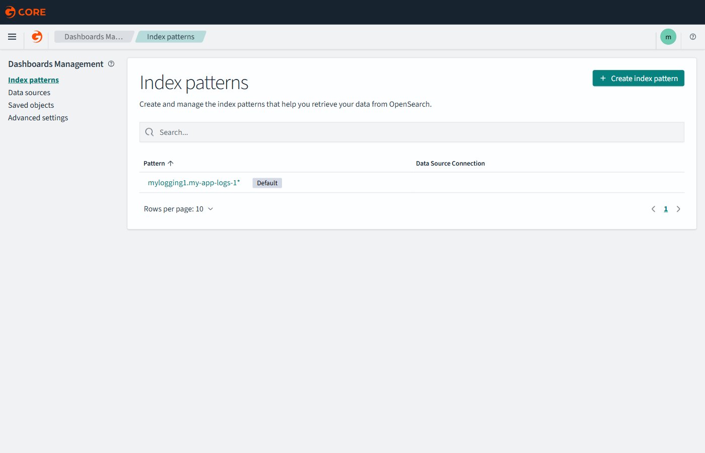 Index patterns management page with Create index pattern button