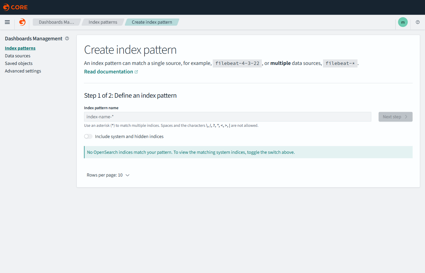 Create index pattern form with the pattern entered