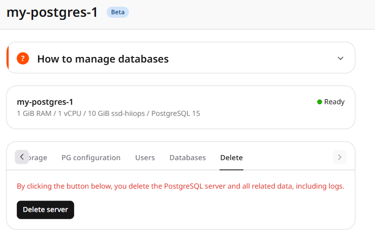 Managed PostgreSQL Delete tab with the Delete server button