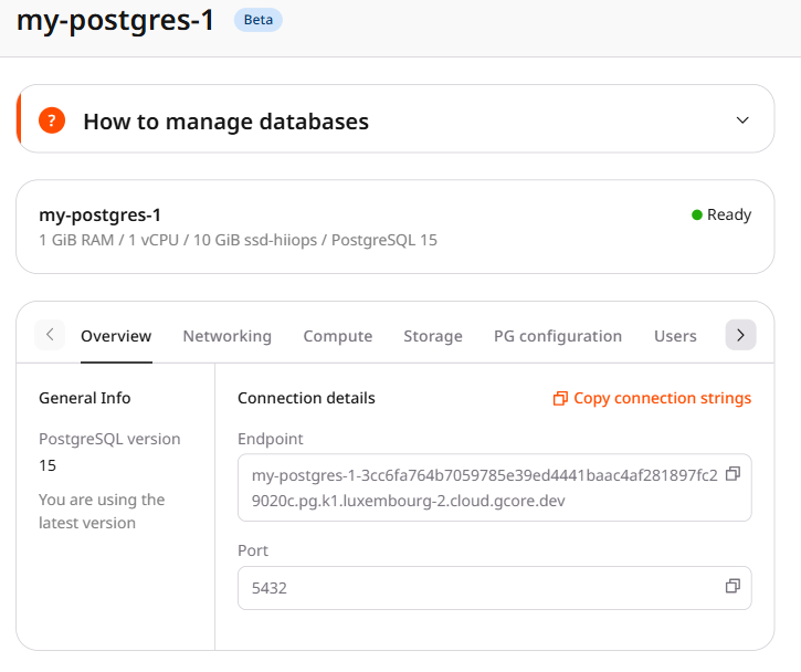 Managed PostgreSQL server Overview tab showing Connection details with Endpoint and Port