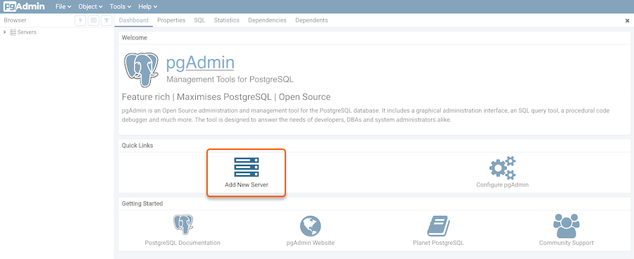 pgAdmin Dashboard with Add New Server button highlighted
