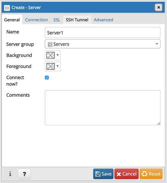 pgAdmin Create Server dialog showing the General tab with a Name field