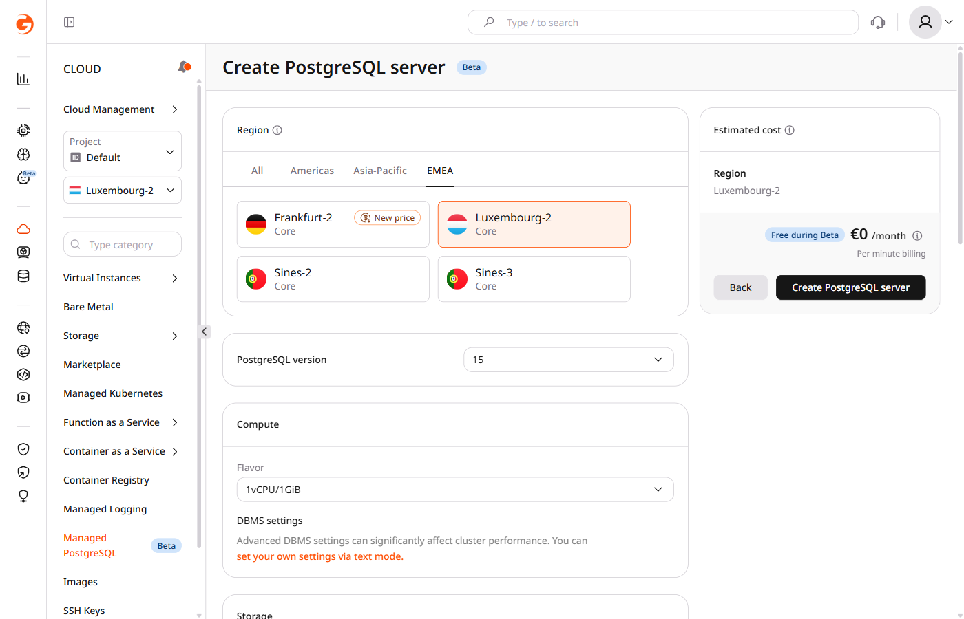 manage postgresql select compute and flavor