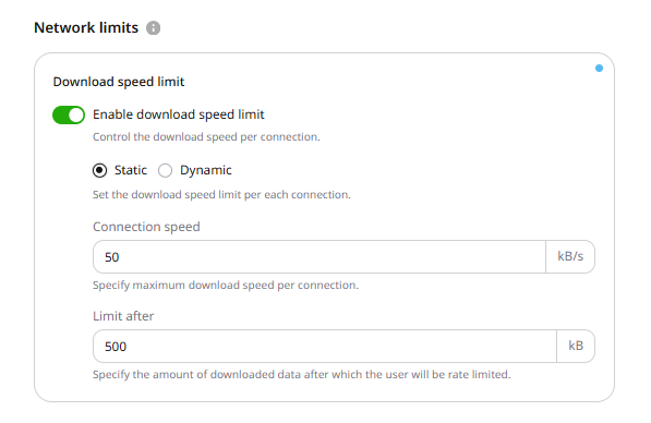 Static mode with Connection speed and Limit after fields
