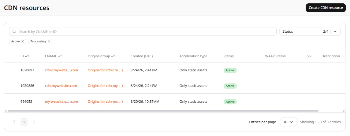 CDN resources page with a resource CNAME highlighted