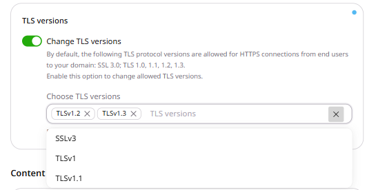 TLS versions section with toggle enabled, showing TLSv1.2 and TLSv1.3 selected and available versions in dropdown