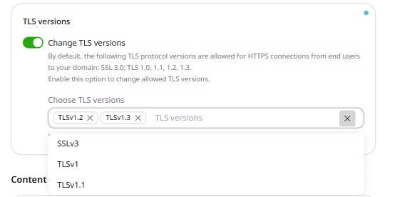 TLS versions section with toggle enabled, showing TLSv1.2 and TLSv1.3 selected and available versions in dropdown