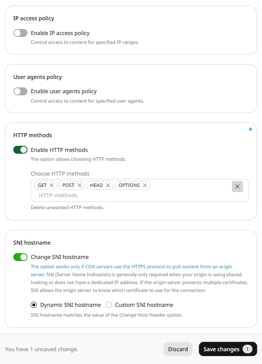 HTTP methods section with Enable HTTP methods toggle on and selected methods shown