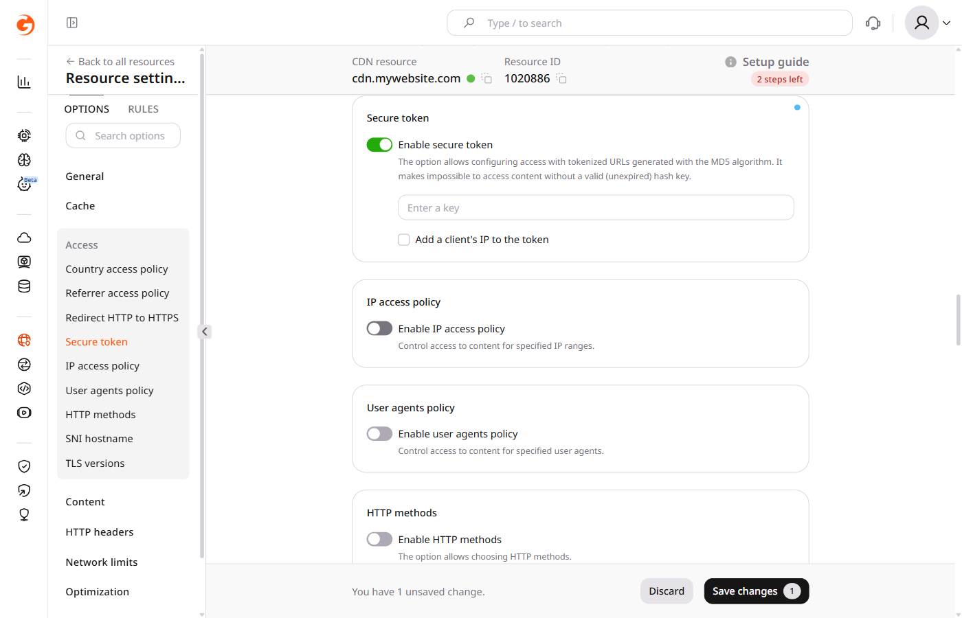 Secure token section with Enable secure token on and Enter a key field