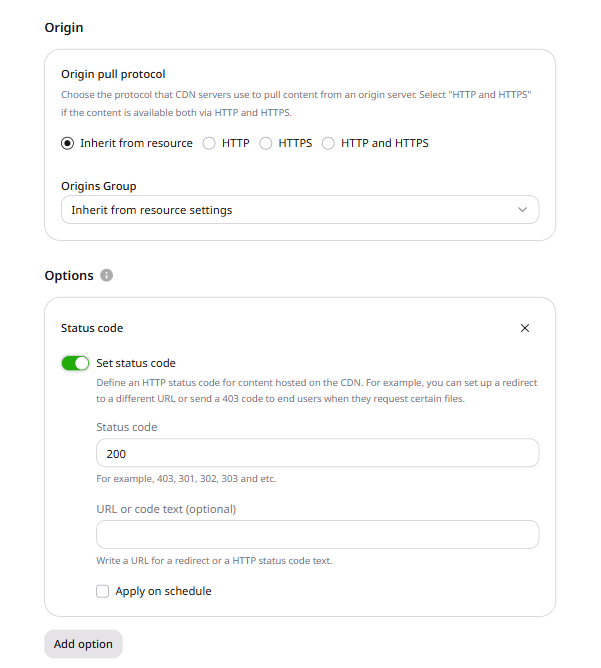 Configure the Set status code option in the rule