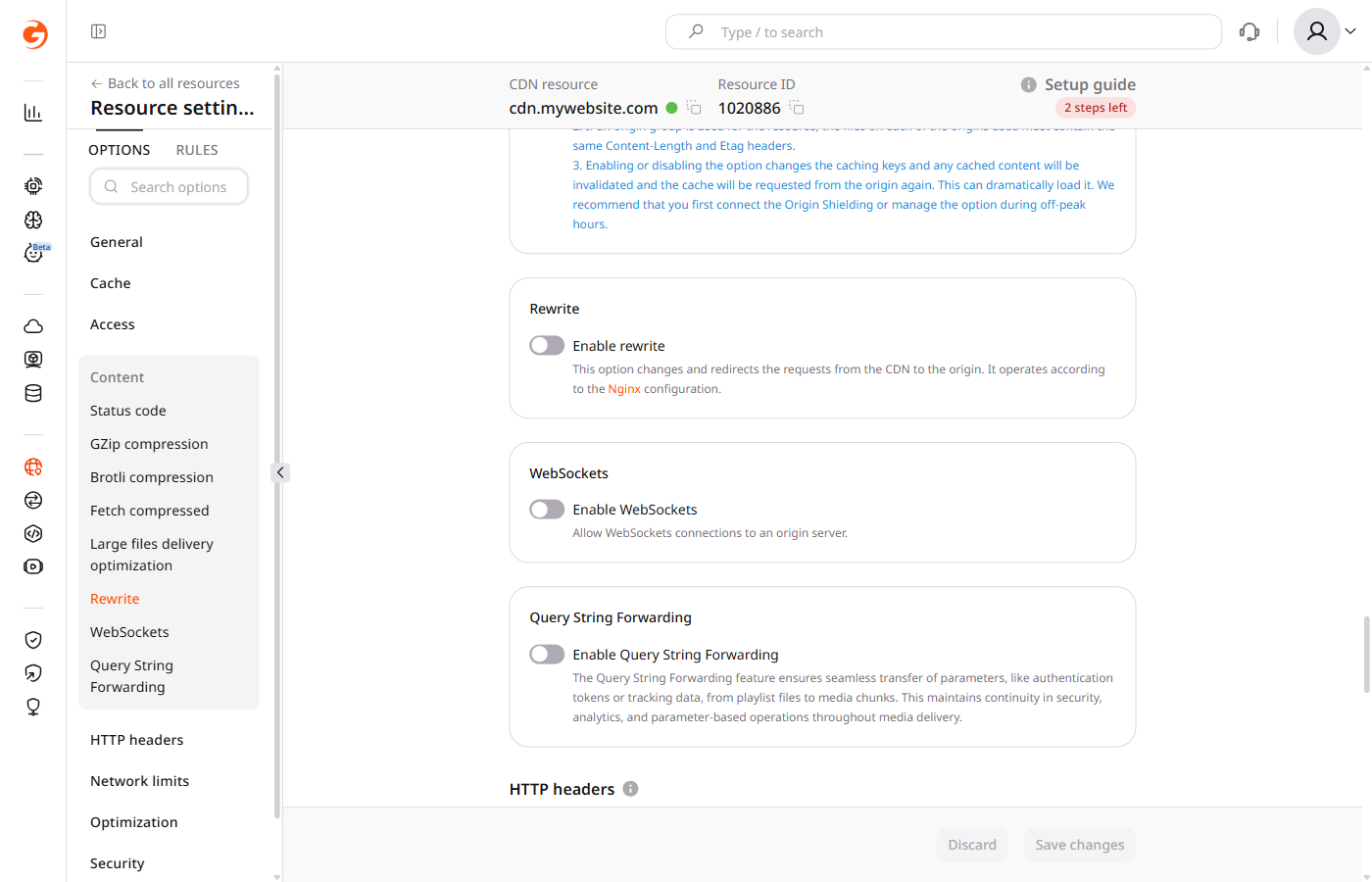 WebSockets toggle inside the Content section of CDN resource settings