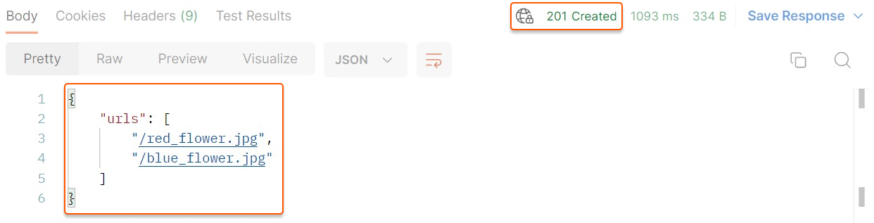 Postman showing HTTP 201 response with list of purged URLs