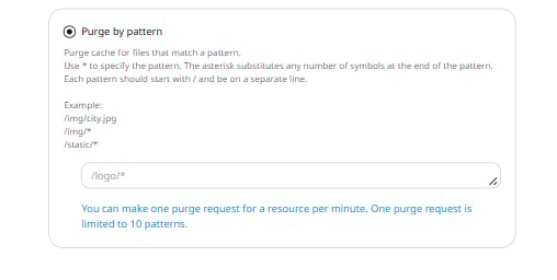 Purge by pattern radio button selected with pattern text area