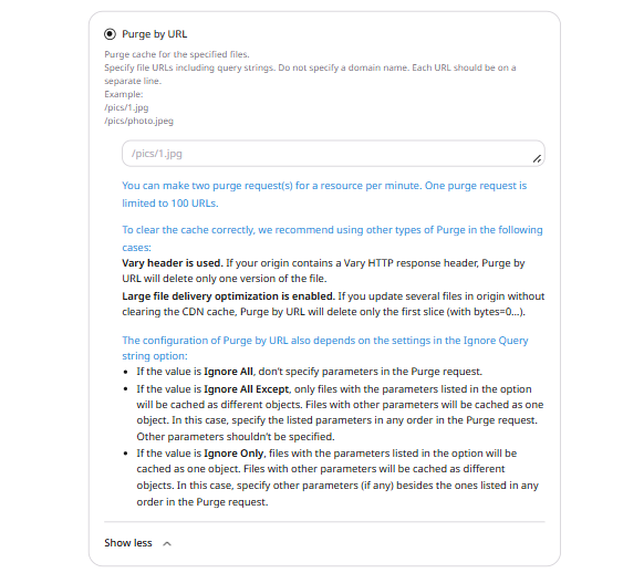 Purge by URL section with text area for entering URLs