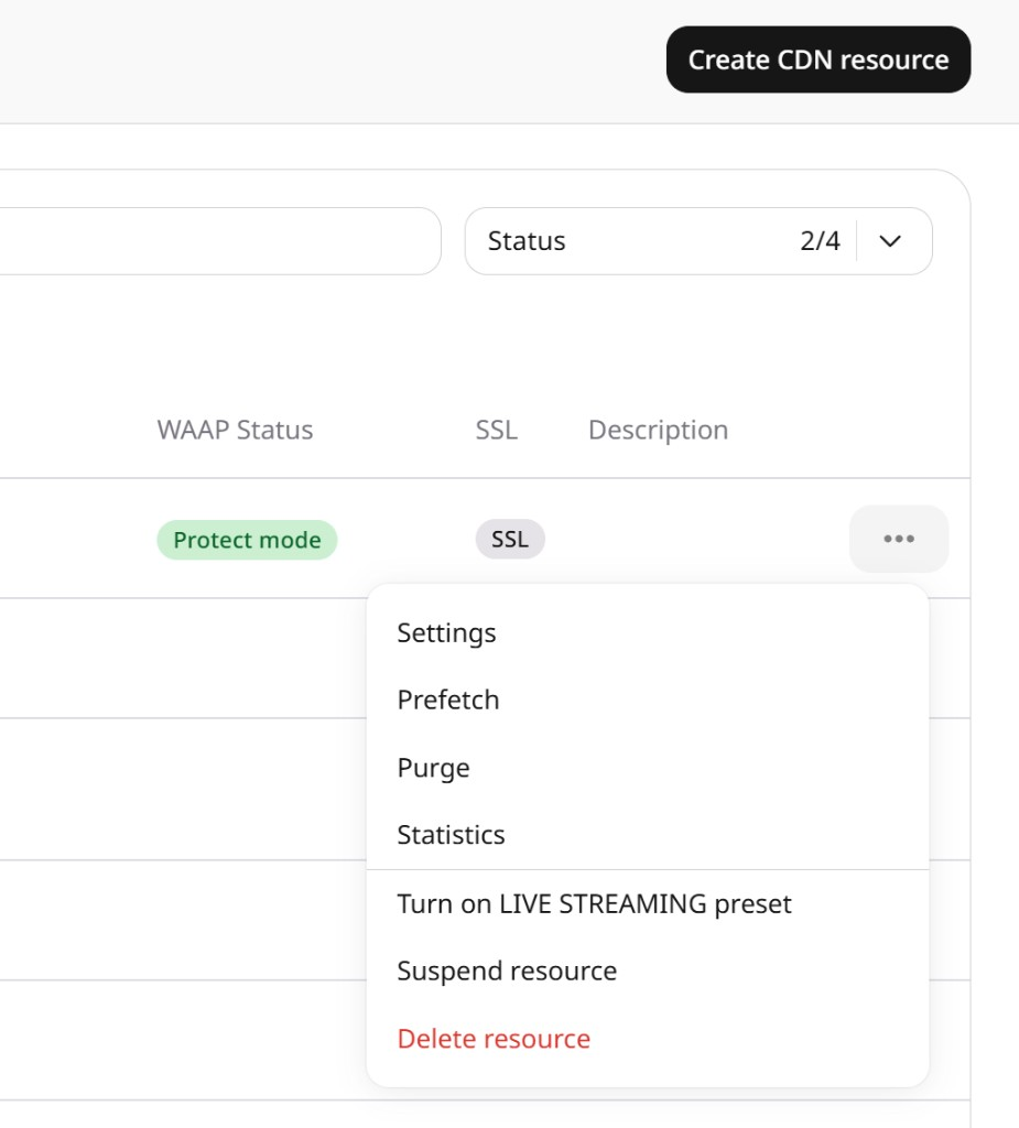 Resource menu with Turn on LIVE STREAMING preset