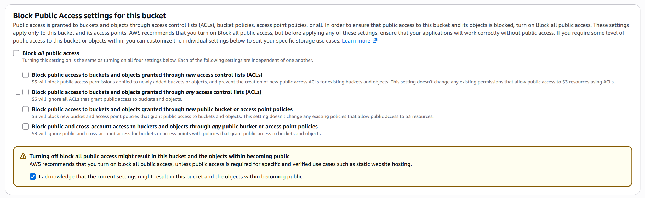 Block Public Access options cleared with the public-access acknowledgment selected