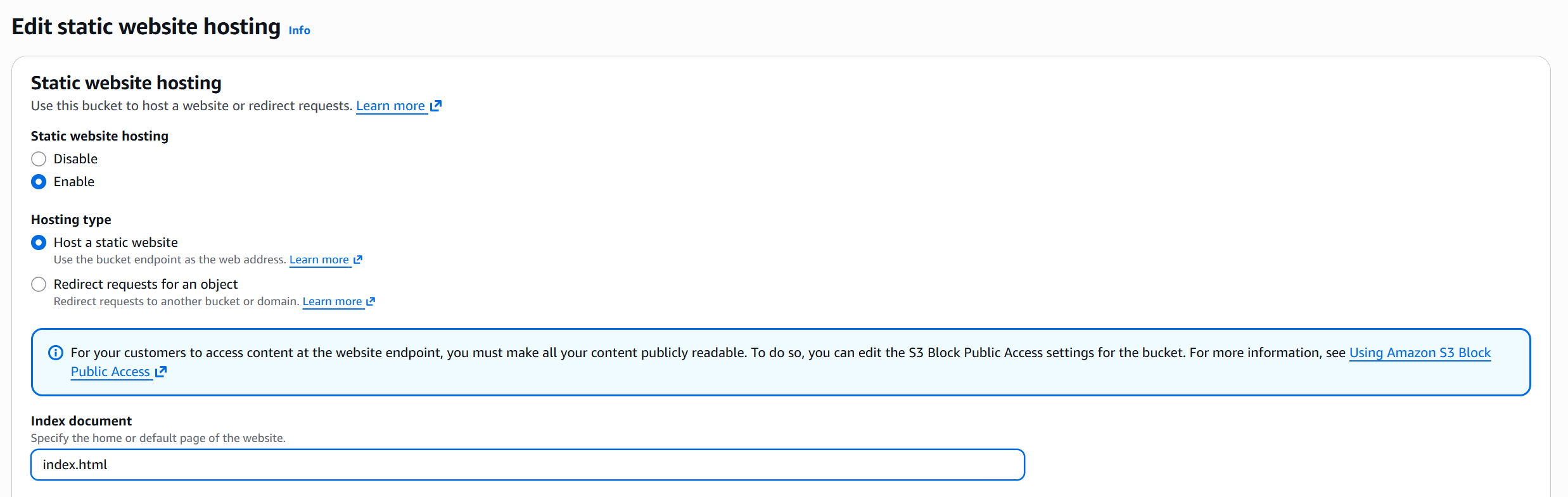 Static website hosting enabled with index.html as the index document