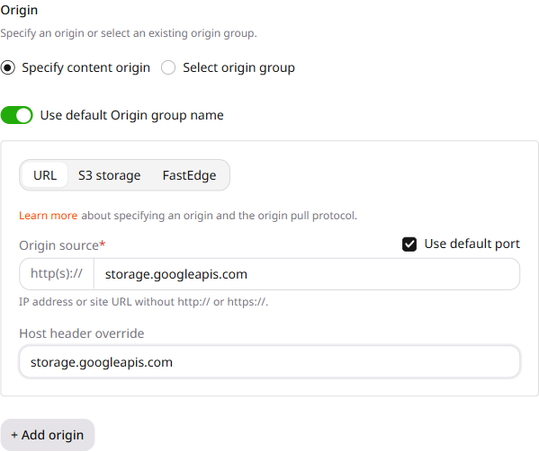URL origin configured with storage.googleapis.com as the source and host header