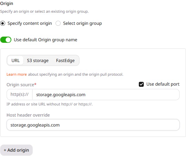URL origin configured with storage.googleapis.com as the source and host header