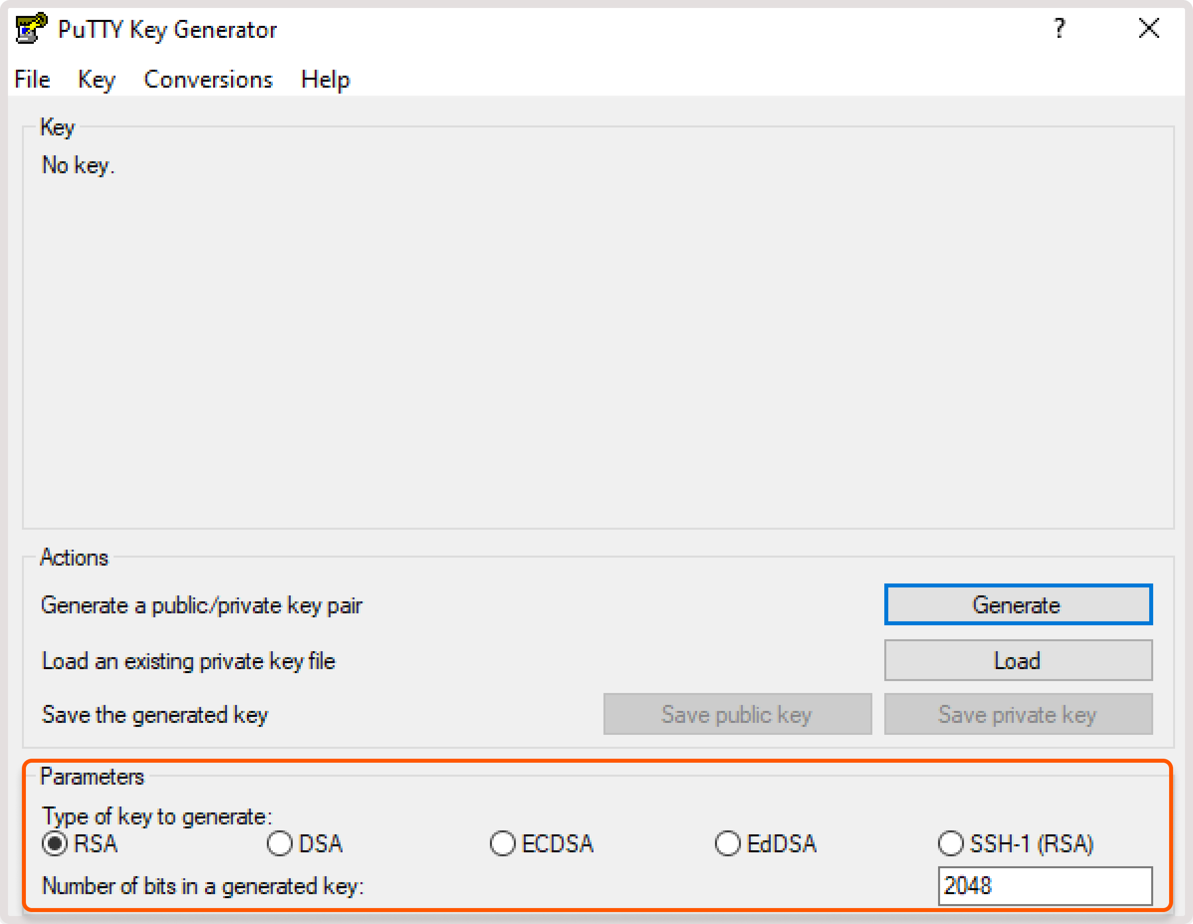 PuTTYgen with RSA type and 2048 bits selected