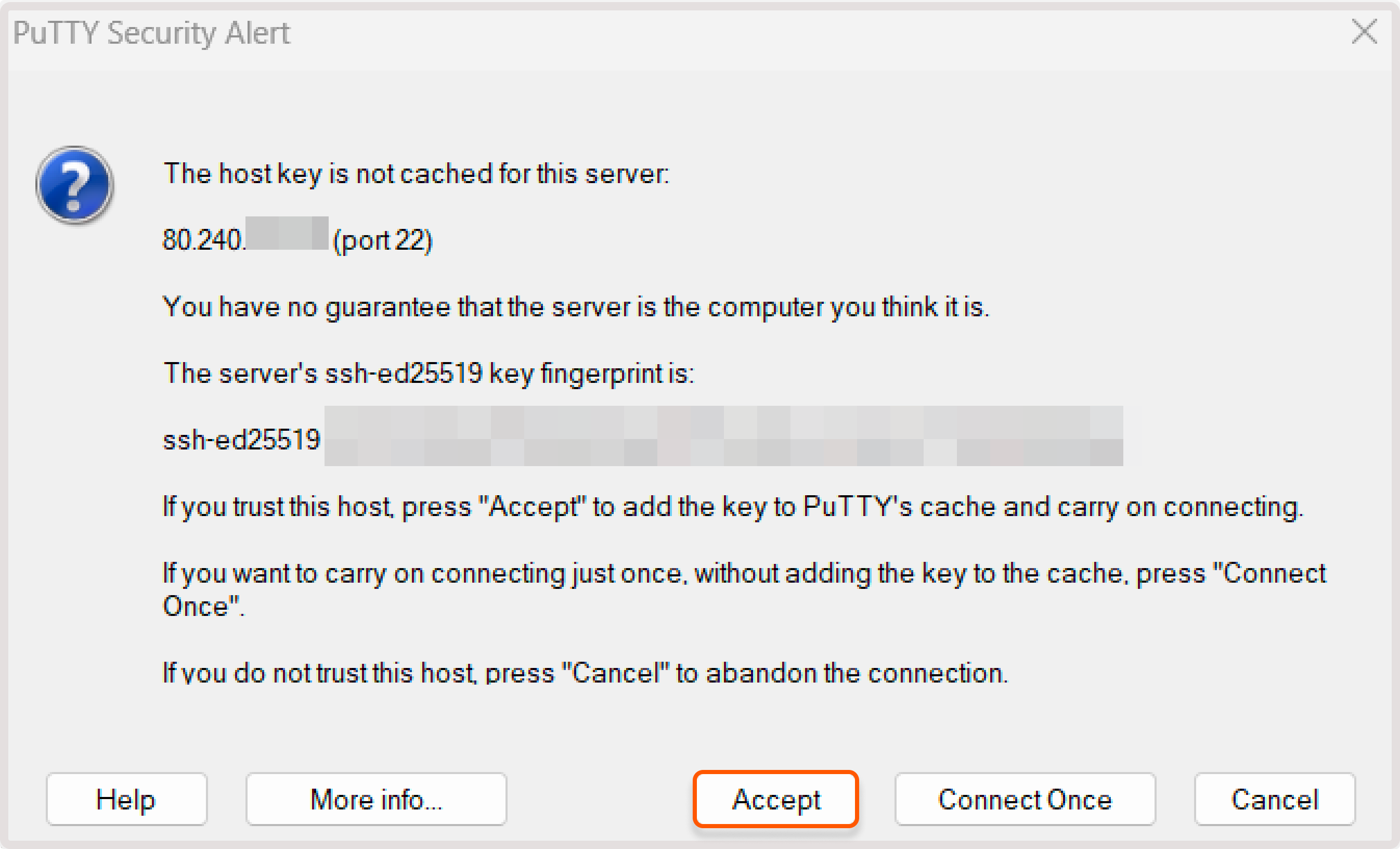 PuTTY security alert asking to cache the server host key