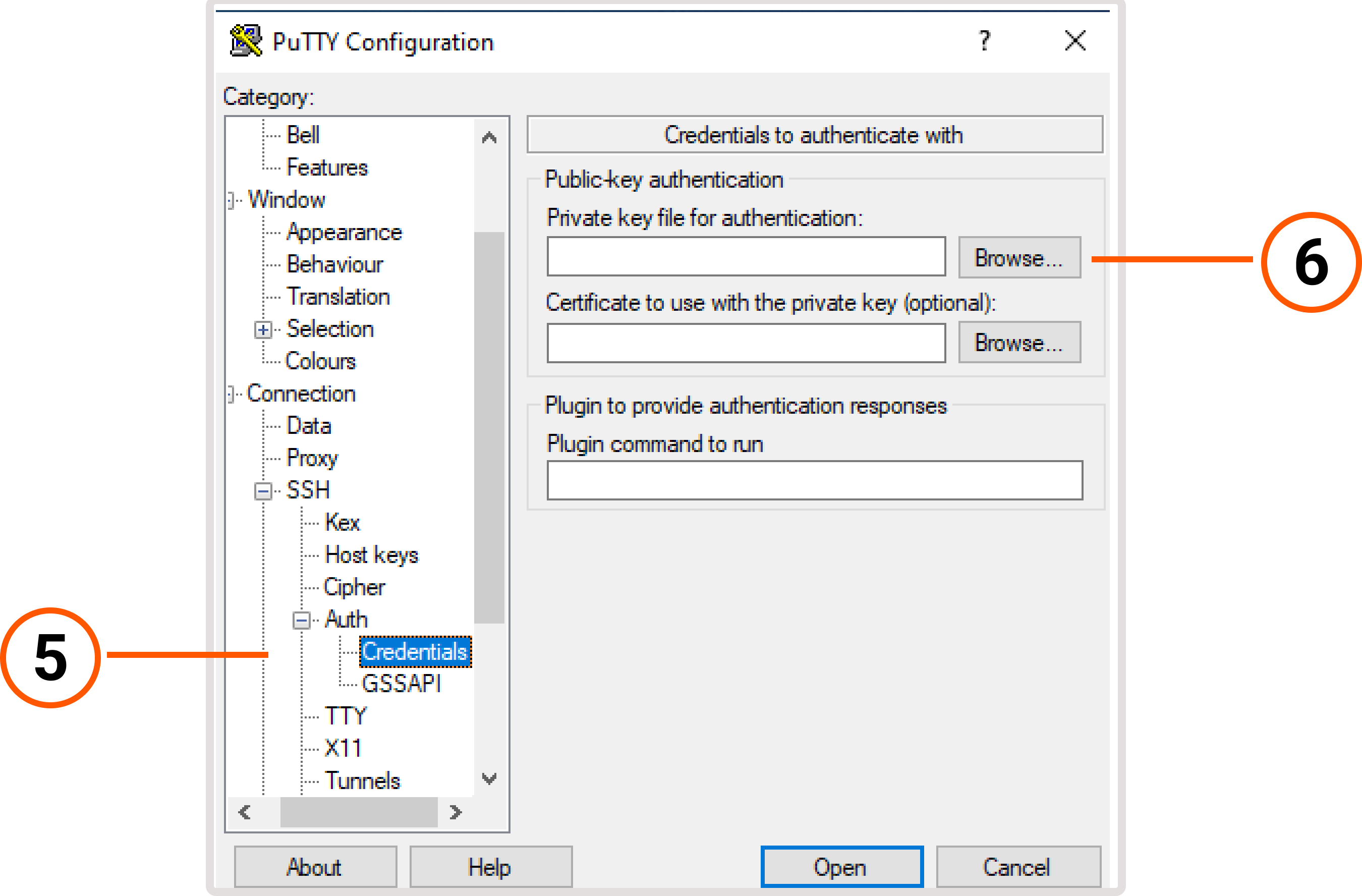 PuTTY Credentials tab with the Browse button for selecting a private key