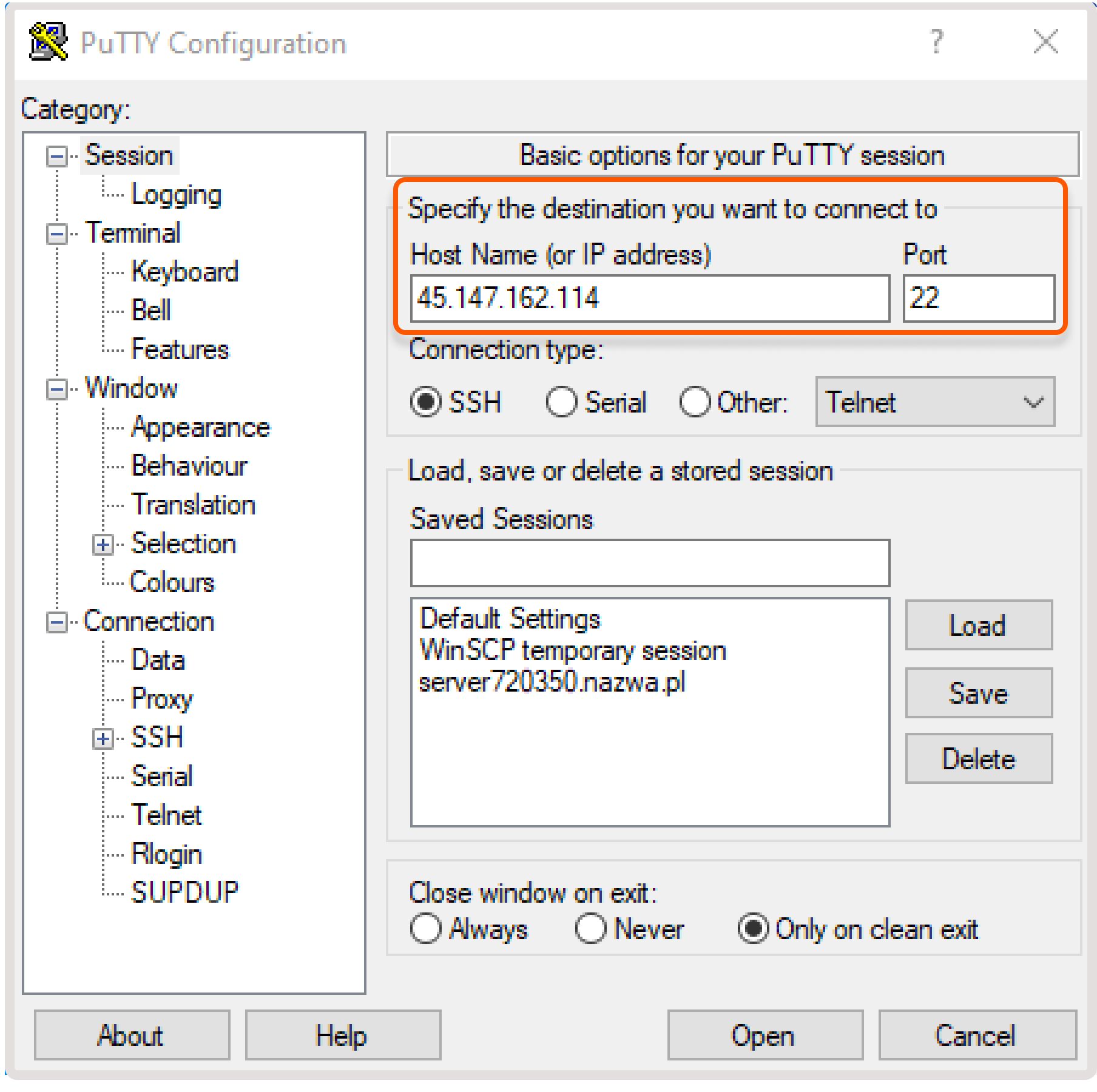 PuTTY Session settings with Host Name and Port fields