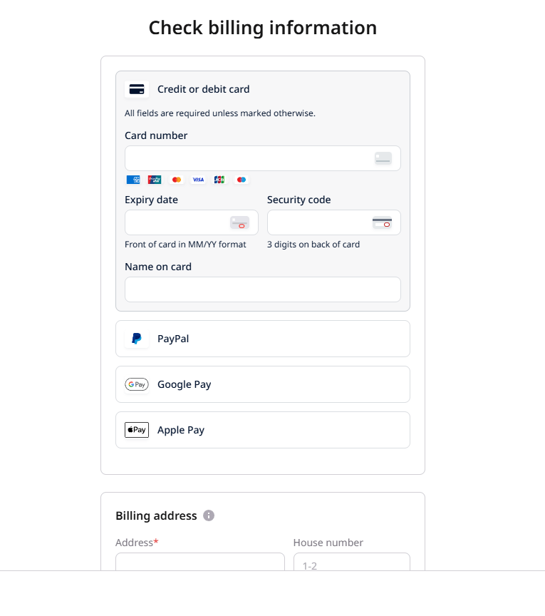 Billing information page with payment method options