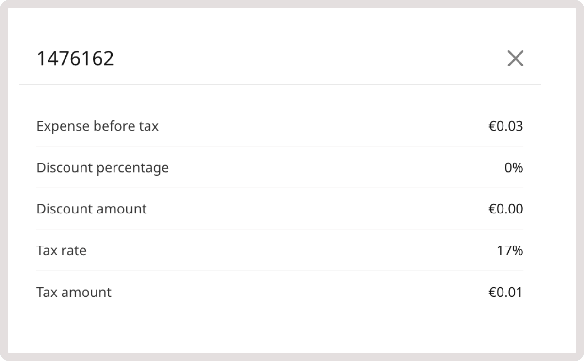 Expense breakdown dialog showing expense before tax, discount, tax rate, and tax amount