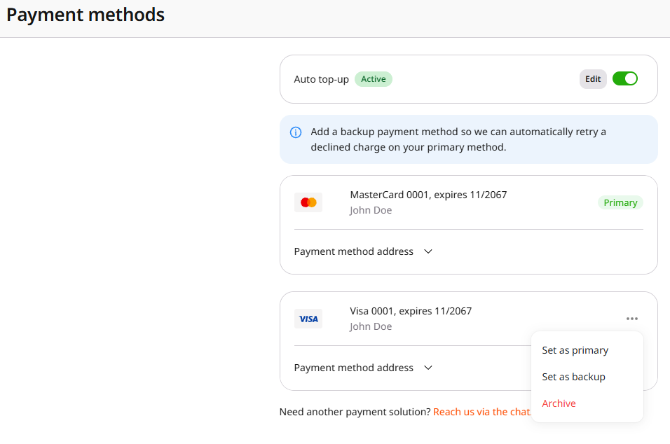 Payment methods card menu with Set as primary, Set as backup, and Archive