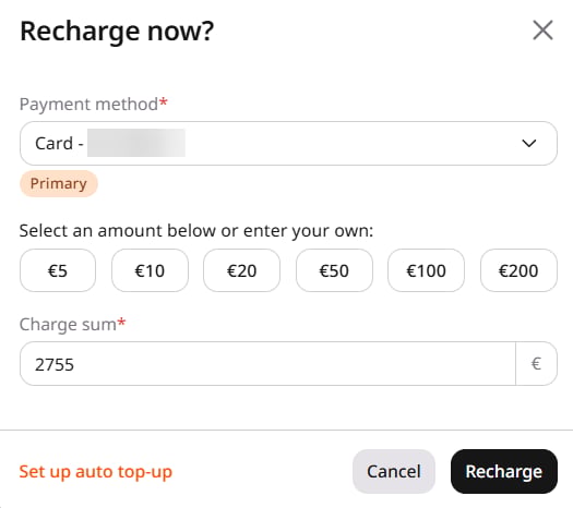 Recharge now window with a Primary badge under the selected payment method