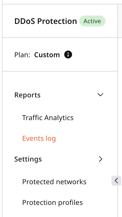 DDoS Protection sidebar with Events log selected under Reports