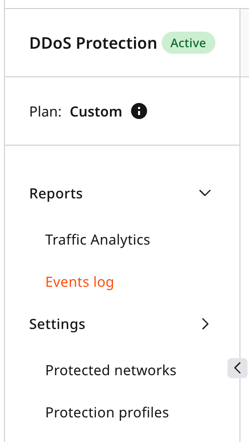 DDoS Protection sidebar with Events log selected under Reports