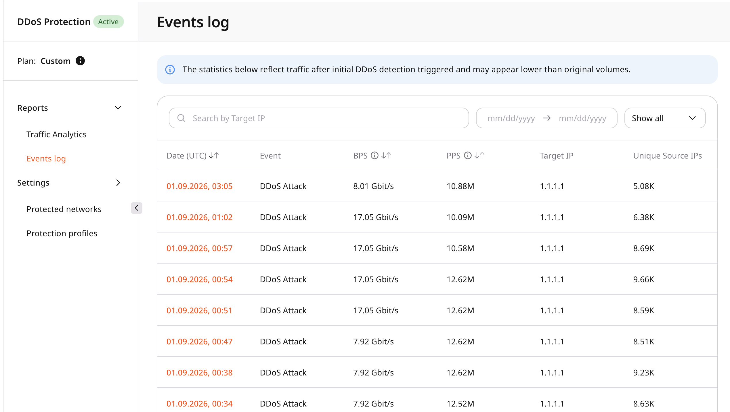 Events log table with search, date filter, Show all, and DDoS Attack rows