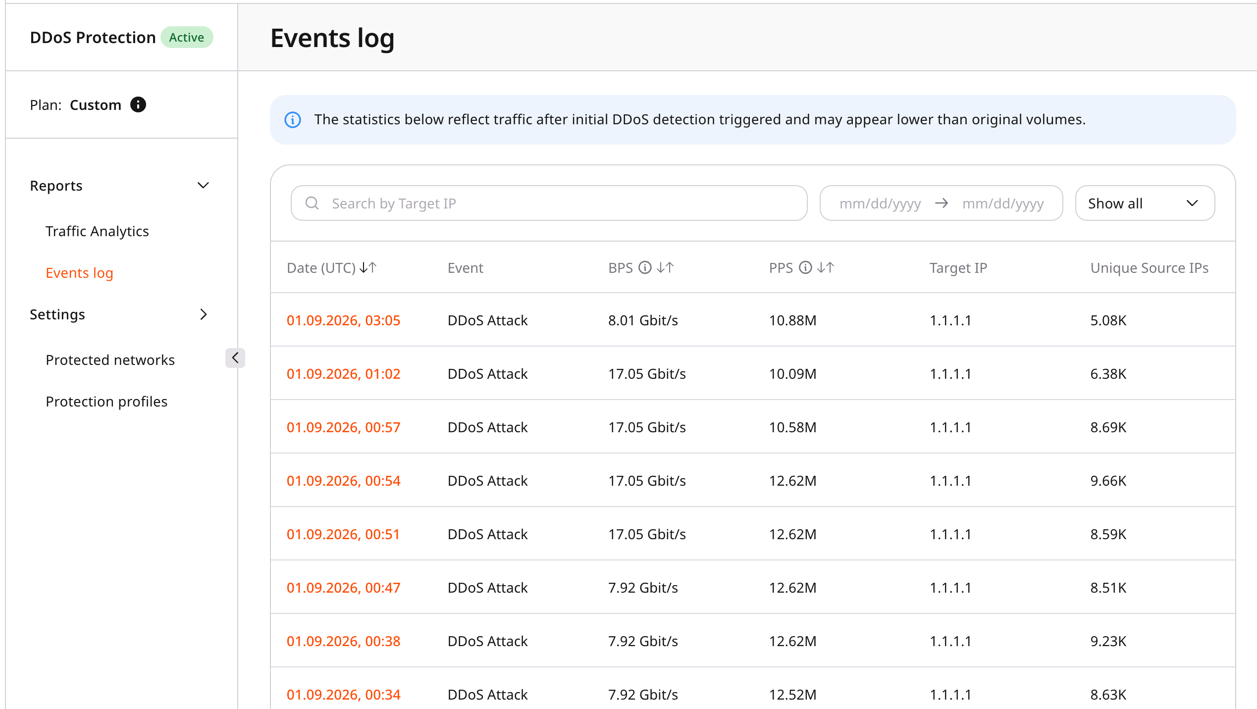 Events log table with search, date filter, Show all, and DDoS Attack rows