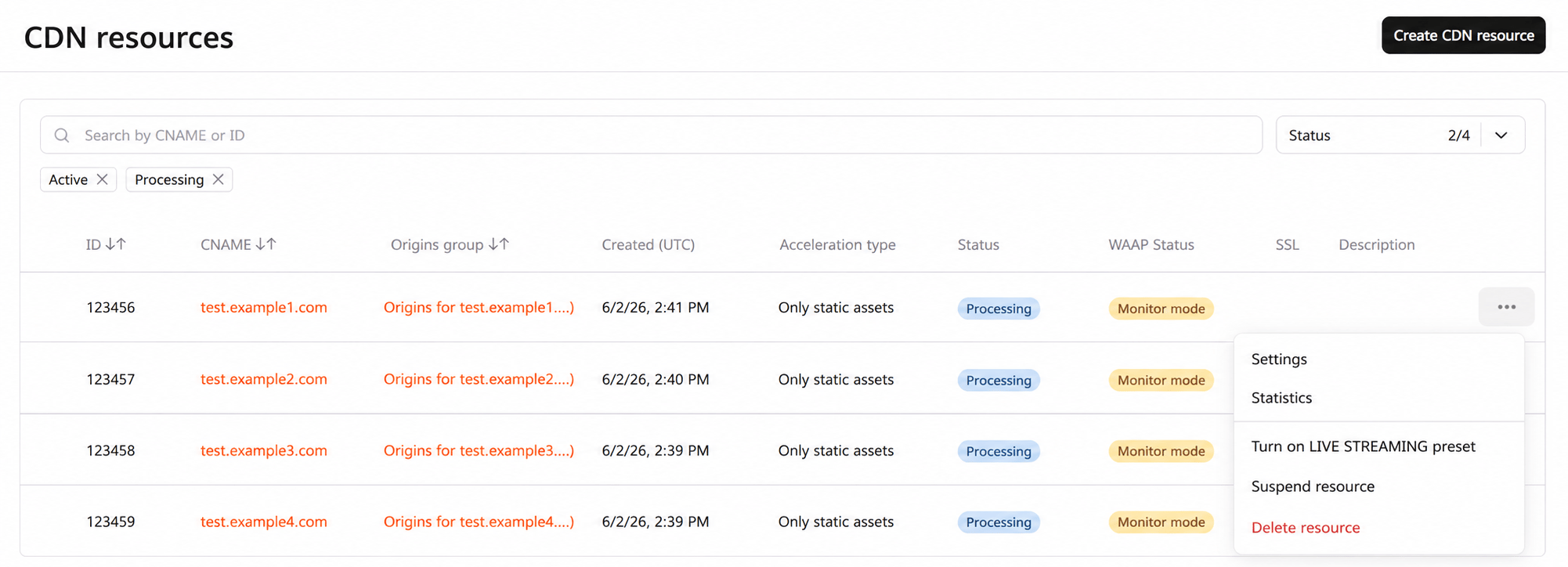 CDN resource three-dot menu showing management options