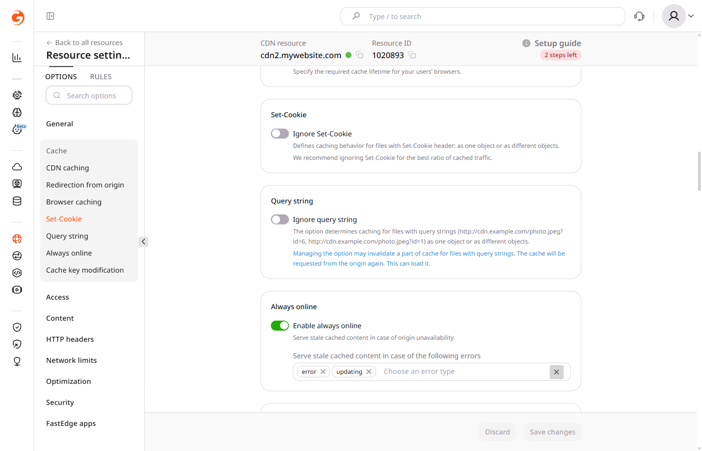 Resource settings — Query string section in the Cache group