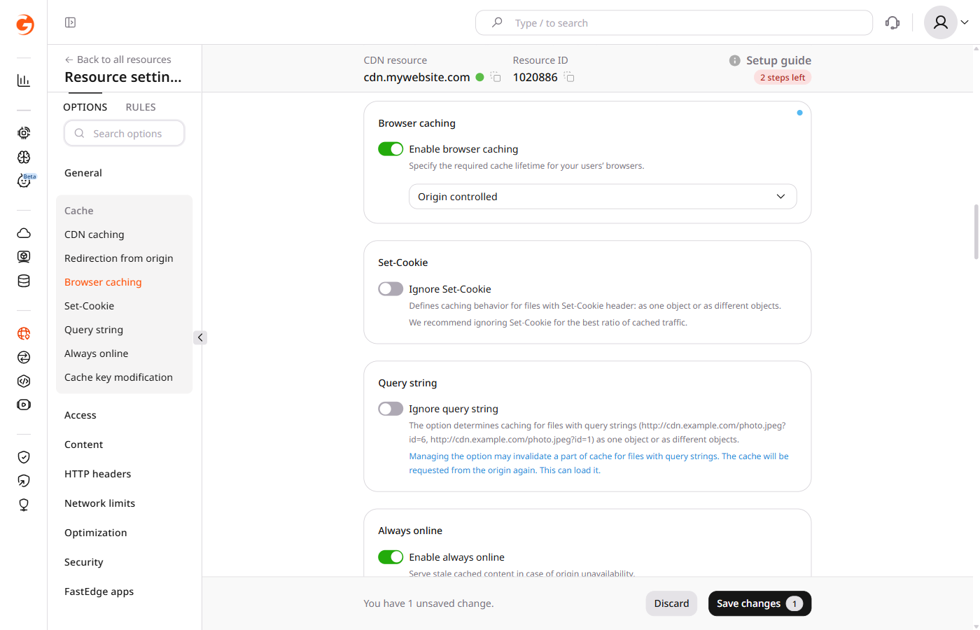 CDN resource settings with Browser caching toggle enabled and Origin controlled dropdown