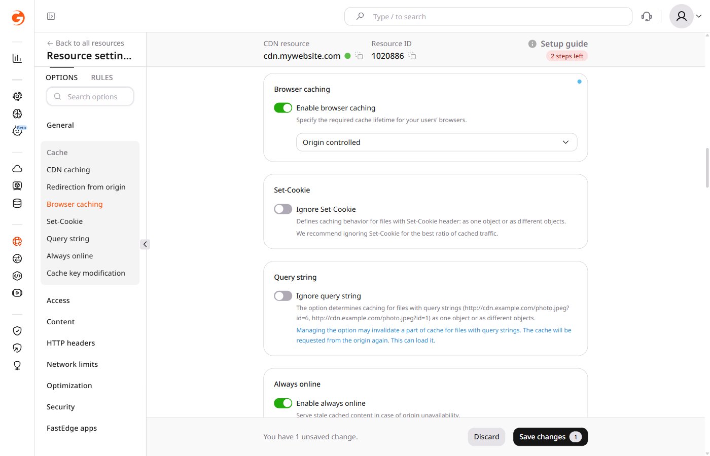 CDN resource settings with Browser caching toggle enabled and Origin controlled dropdown