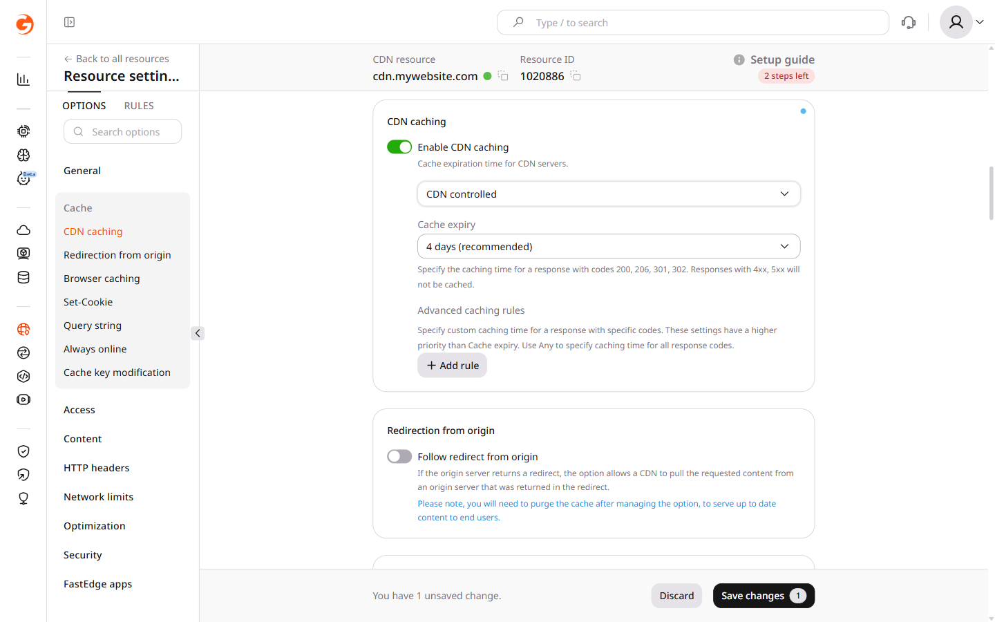 CDN caching settings with CDN controlled selected