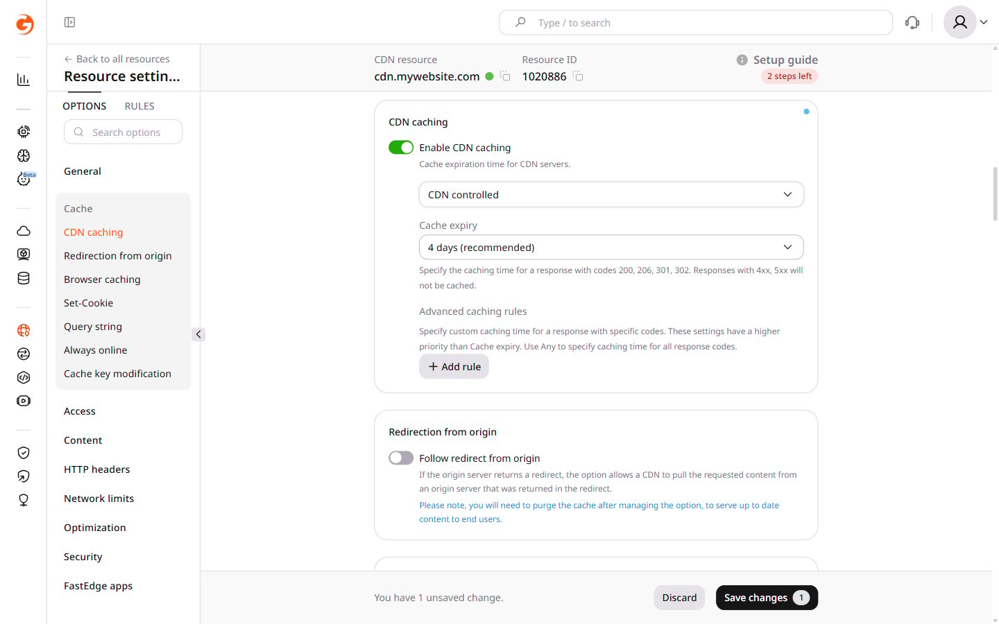 CDN caching settings with CDN controlled selected