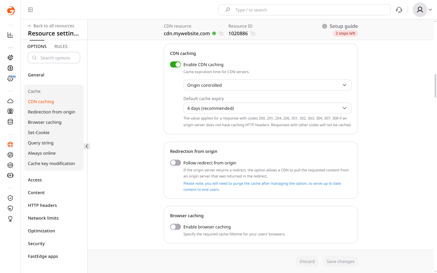 CDN caching settings with Origin controlled selected