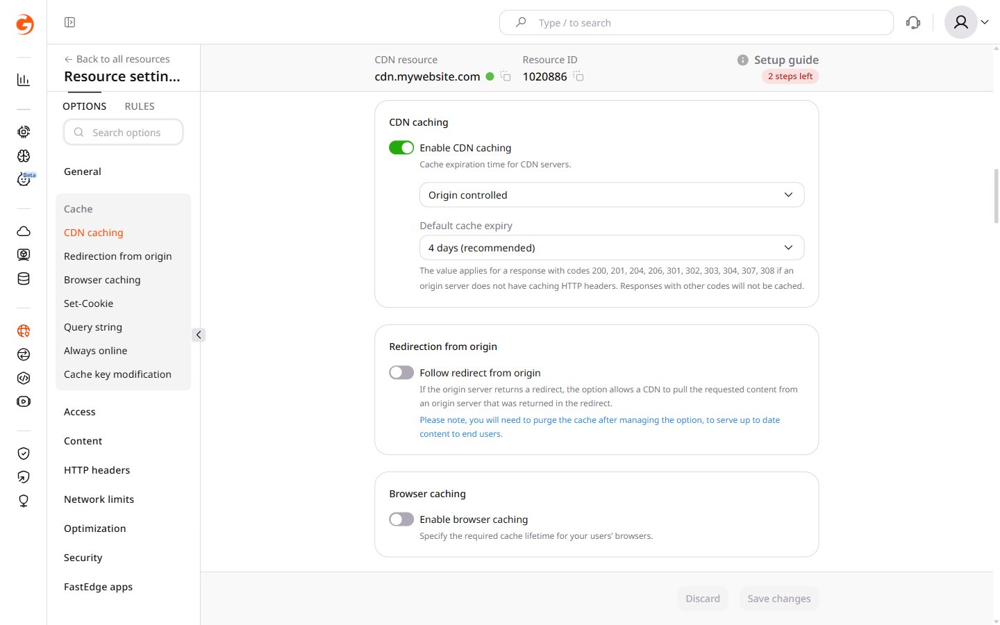 CDN caching settings with Origin controlled selected