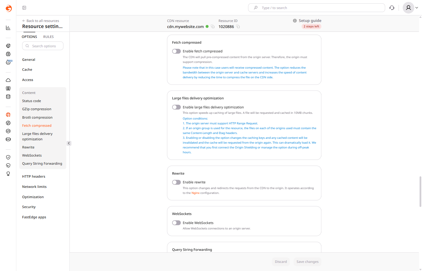 Fetch compressed section in CDN resource settings with the Enable fetch compressed toggle