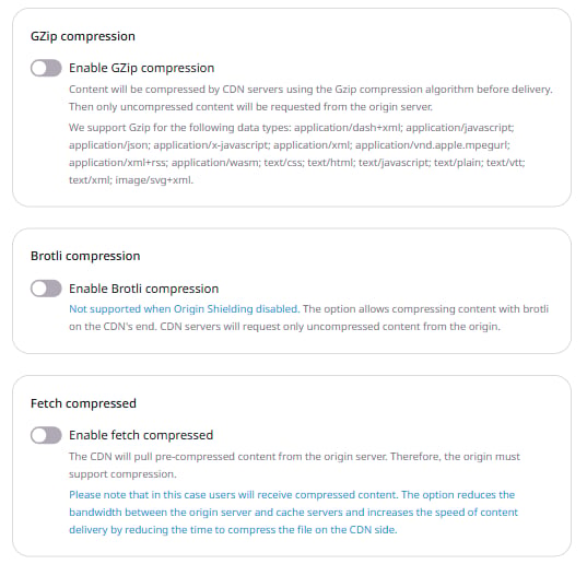 Resource settings sidebar with Content section expanded showing GZip compression and Brotli compression items