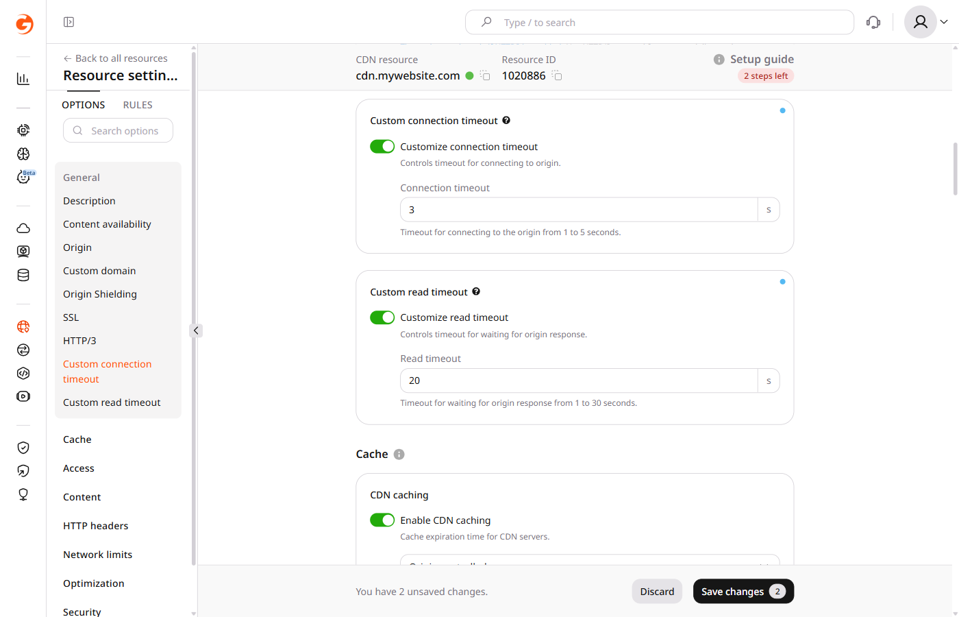 Resource settings showing both custom timeout toggles enabled with values entered